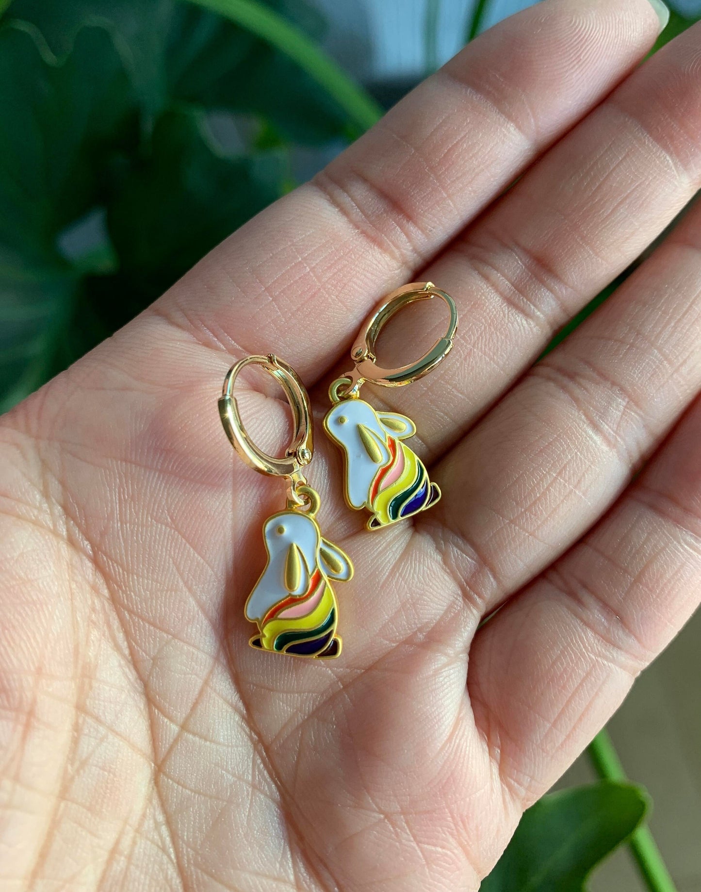 Unique Rainbow Bunny Huggie Hoop Earrings