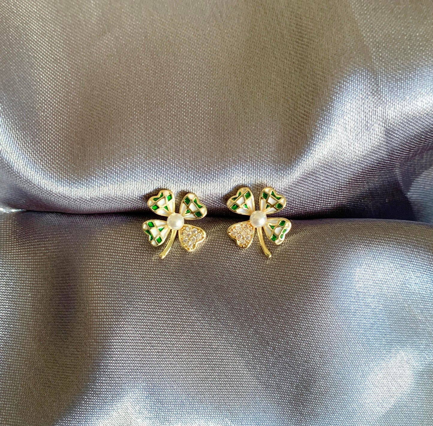 Dainty Green Clover Stud Earrings Silver Post