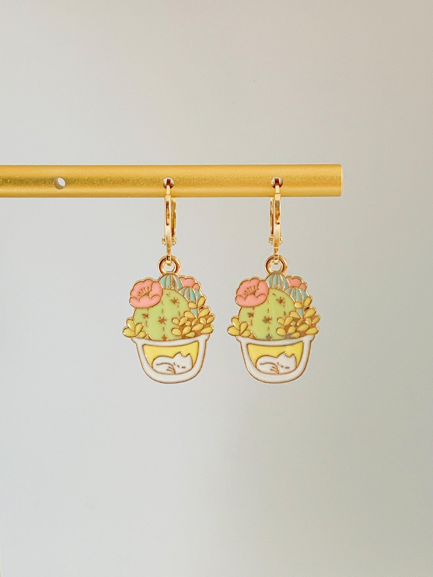 Unique Cat and Cactus Huggie Earrings