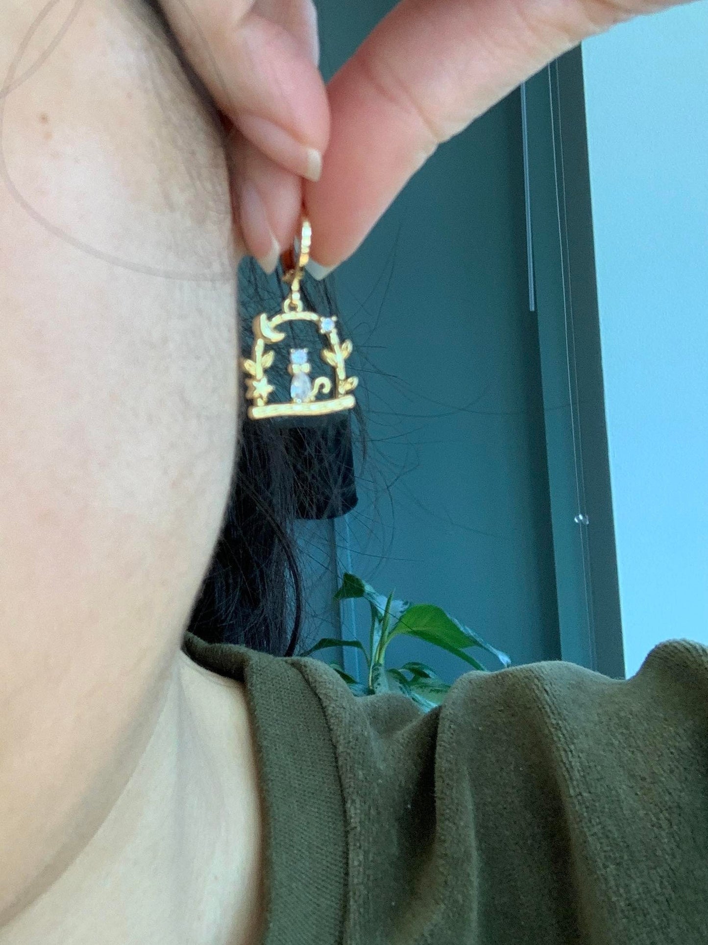 Dainty Cat in the Garden Dangle Earrings