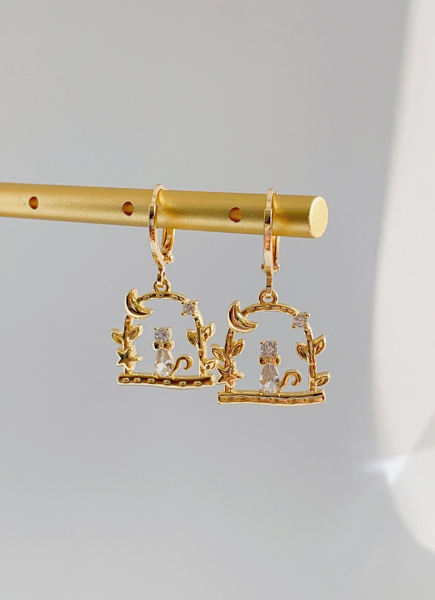 Dainty Cat in the Garden Dangle Earrings