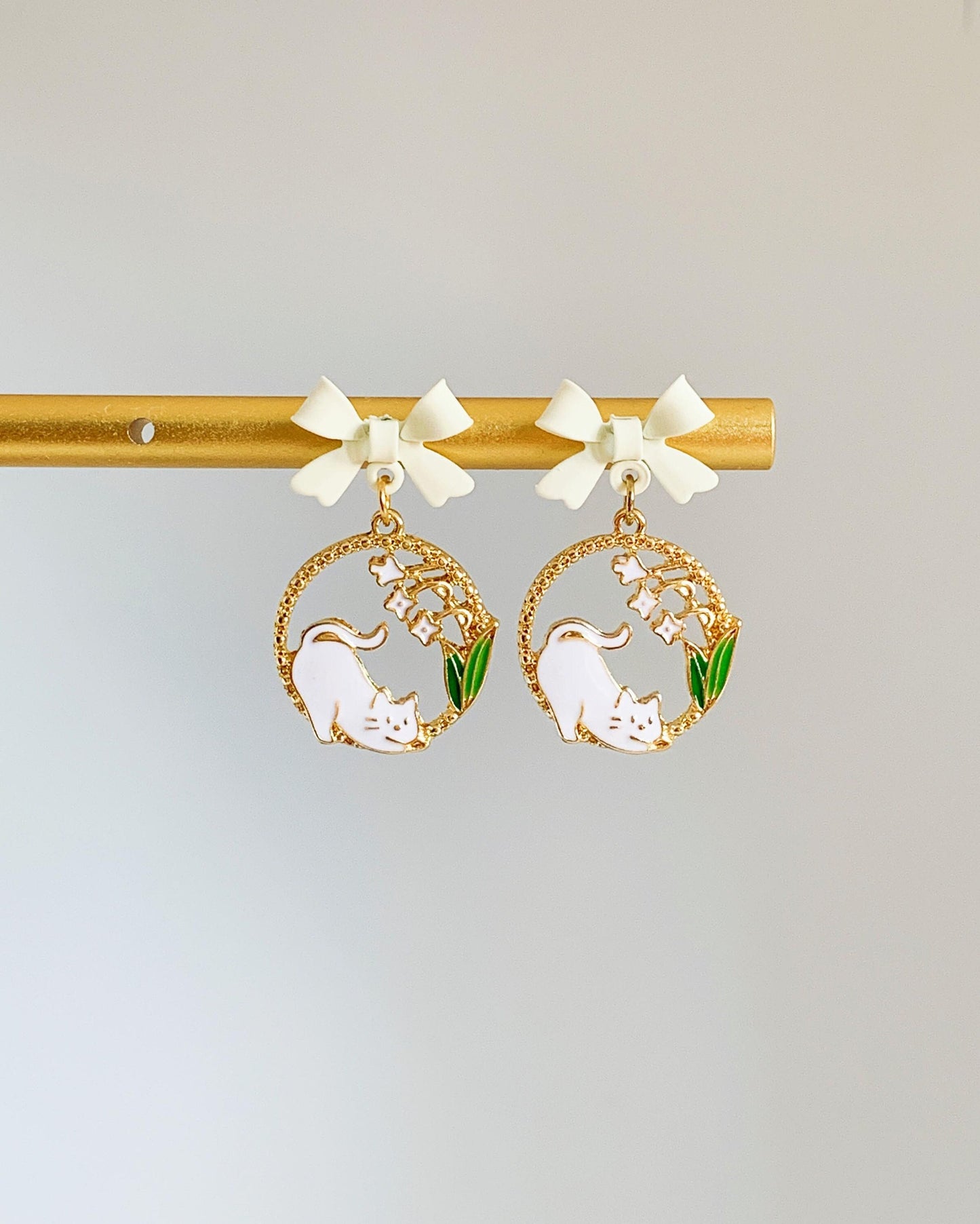 Unique Cat and Lily Drop Earrings