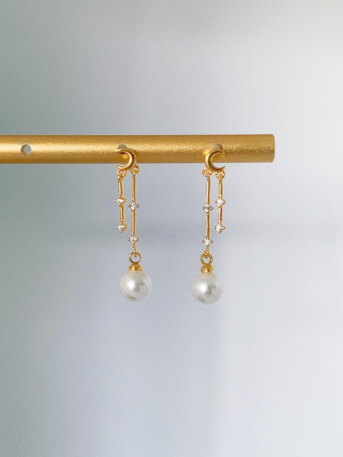 Dainty Moon and Pearl Dangle Earrings